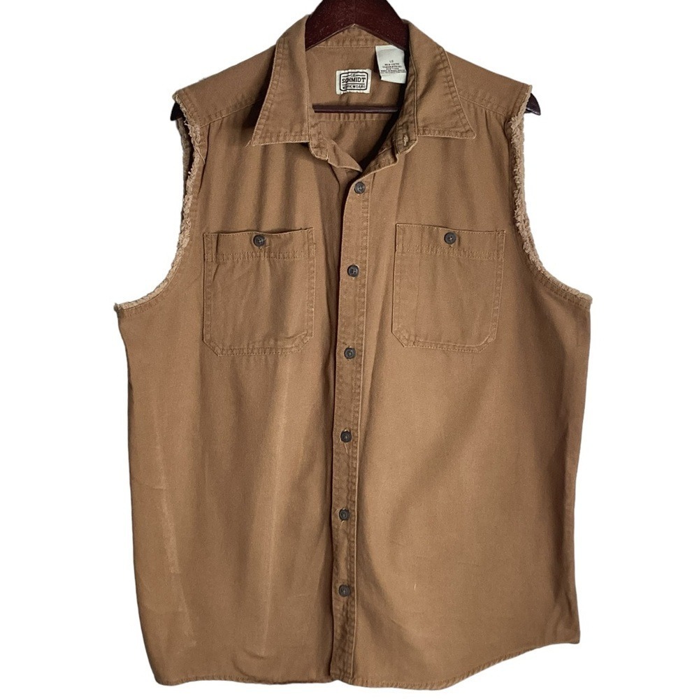 CE Schmidt Workwear Men's Brown Canvas Sleeveless‎ Button Up Shirt Vest Size LG